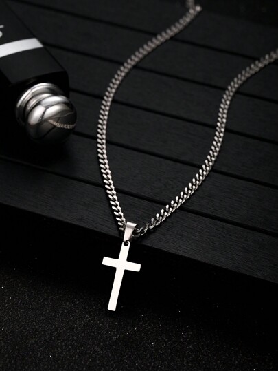 1pc Boys Minimalist Cross Pendant Chain Necklace Stainless Steel Jewelry For Daily Decoration For Children Birthday Gift