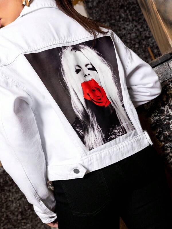 Lumini Jeans Jaqueta Jeans Over Feminina Branca Flor Estampada 100% Algodão