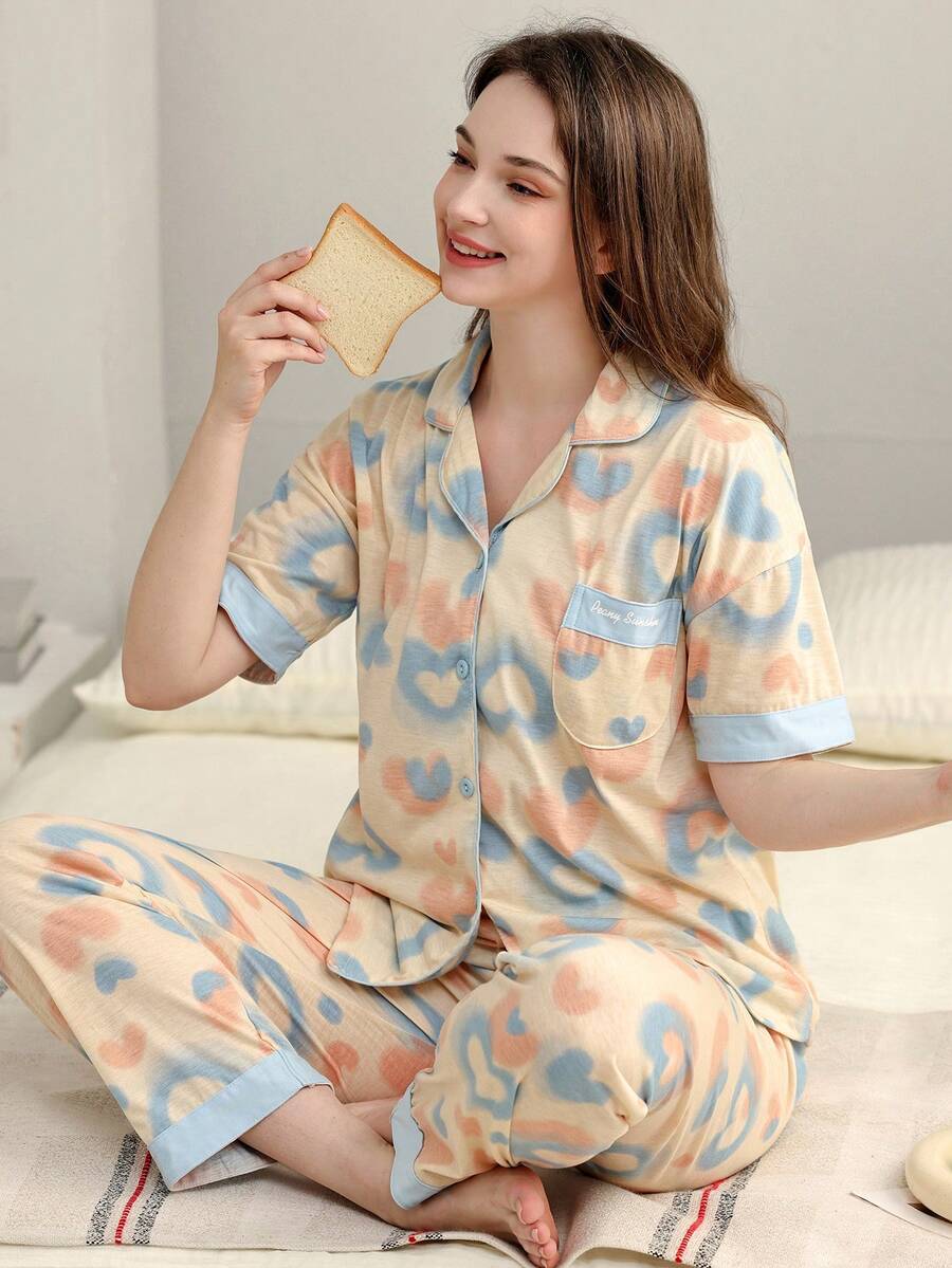 2 Bộ Đồ Ngủ Nữ Tay Ngắn & Quần Dài Mùa Hè Thường Ngày, Thiết Kế Hở Mặt Trước, Thích Hợp Sử Dụng Tại Nhà - Nhiều màu - Xem 1