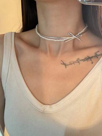 1pc New Design Double Layer Faux Pearl Bow Detail & Bowknot Necklace, Unique And Stylish Collarbone Chain Valentines,Mom,Mother,Mother's Day,Gift