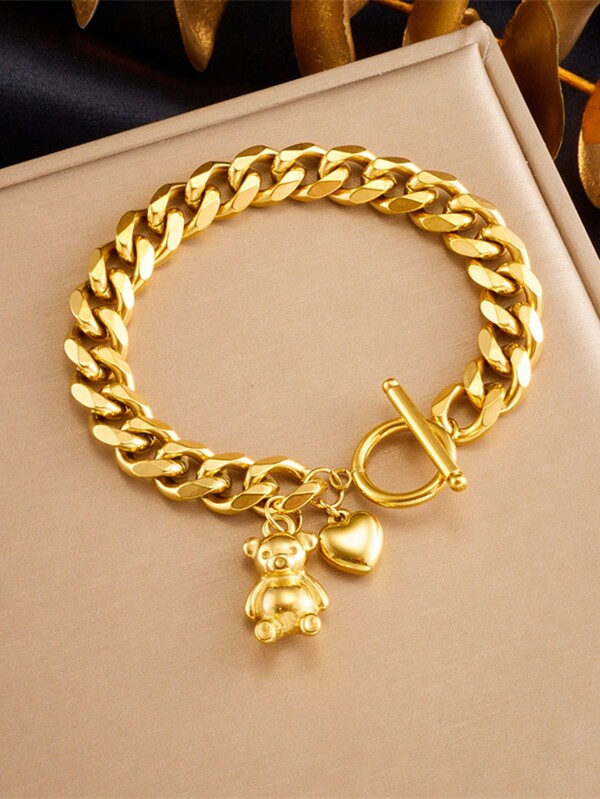 1pc Gold-Plated Stainless Steel Chunky Chain Teddy Bear Pendant Bracelet With Lobster Clasp
