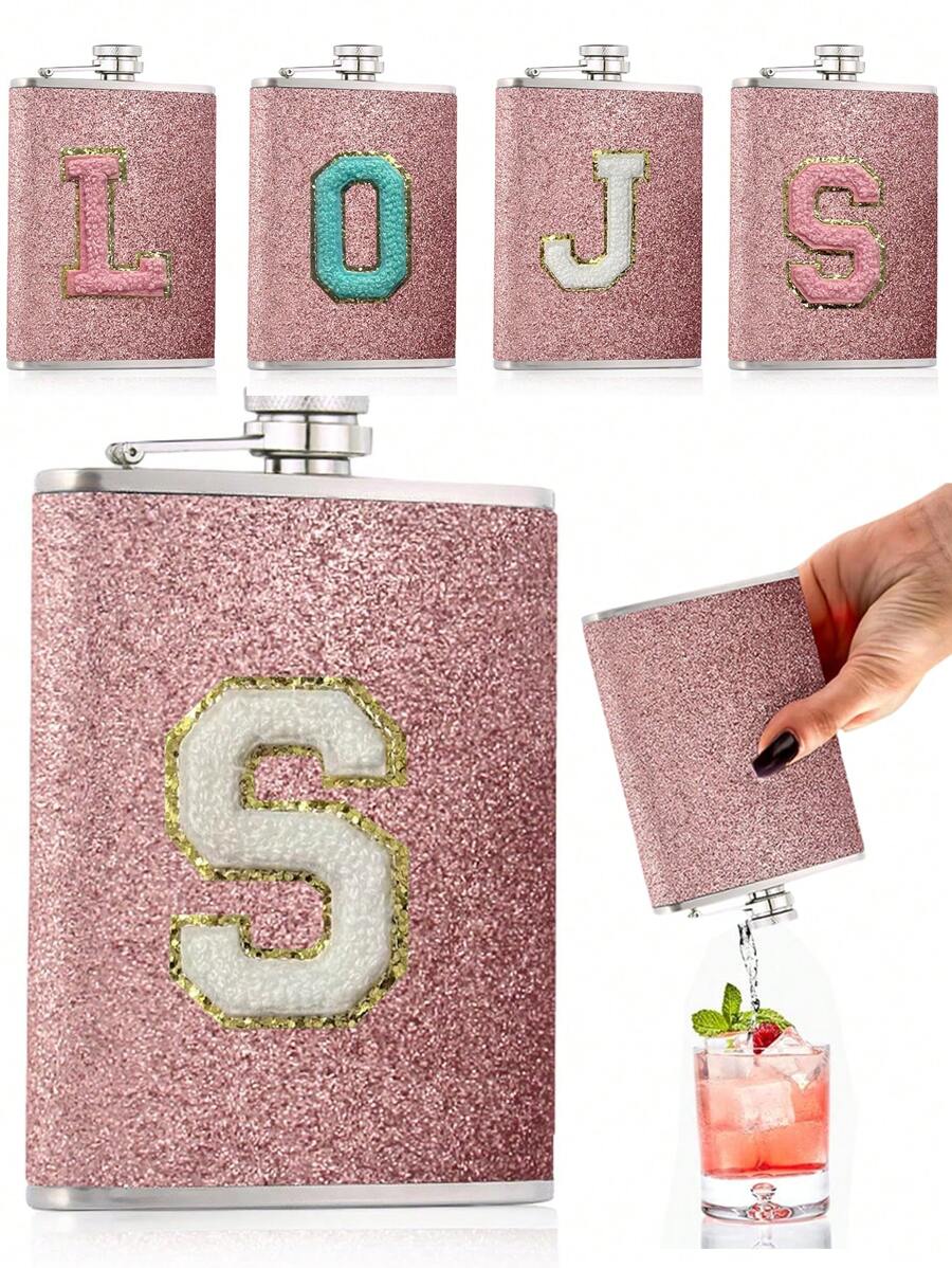 8oz Hip Portable Pocket Hip Flask Outdoor Barbecue Travel Stainless Steel Flask Whiskey Drink Alcohol Flasks Embroidery Labeling 26 Letters Steel Hip Flask Flagon - Pink - View 1