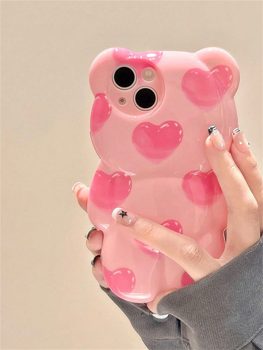 Funny Phone Case Valentines Cute 3D Rosa Heart Silicone Phone Case Compatible With Iphone 15 16 Pro Max 11 12 13 14 Pro Max Soft Shockproof - Pink - View 1