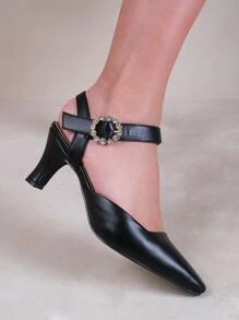 Where’s That From New Form Mid Heel Sandals With Diamante Buckle Detail In Faux Leather - Black PU - View 2