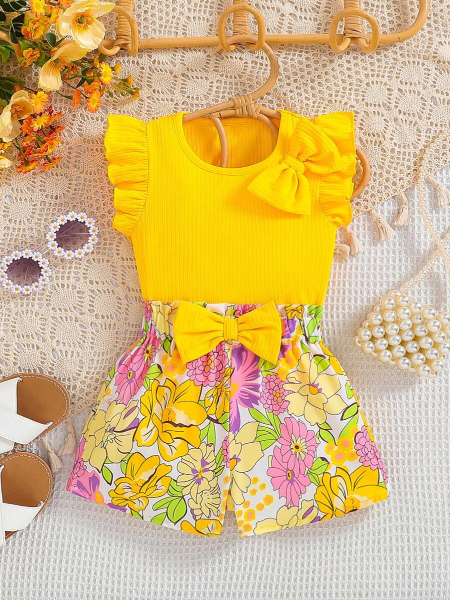 寶寶女孩休閒蝴蝶結細節短袖上衣和花卉印花短褲套裝，適用於度假夏季 - 黃色 - 查看 1