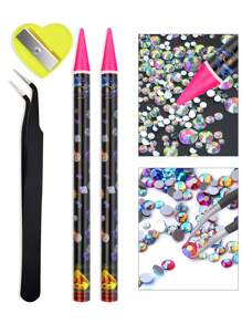 Misscheering 4pcs Nail Art Rhinestone Picker Set With Wax Pen, Pencil Sharpener, Tweezers, Pick Up Tool For Jewelry, Earring Stud, Rhinestone Application - Multicolor - View 1
