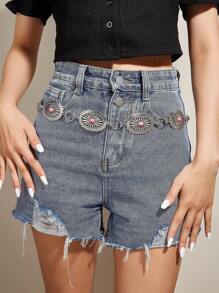 1入 西部牛仔雕刻風格粉色綠松石花卉刻花復古銀色腰鏈，適合搭配牛仔褲古董金屬中空腰鏈皮帶適用於牛仔裙裝飾女孩的身體珠寶 - 銀色 - 查看 2