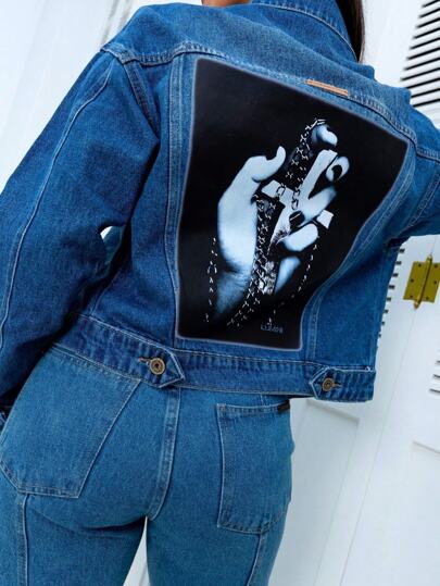 Lumini Jeans Jaqueta Jeans Over Feminina Cruz Estampada 100% Algodão