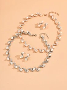 Pearl Necklace & Earrings Set, Bridal Dress Accessory, Fashionable Alloy Jewelry 2pcs/Set - Gold - View 9