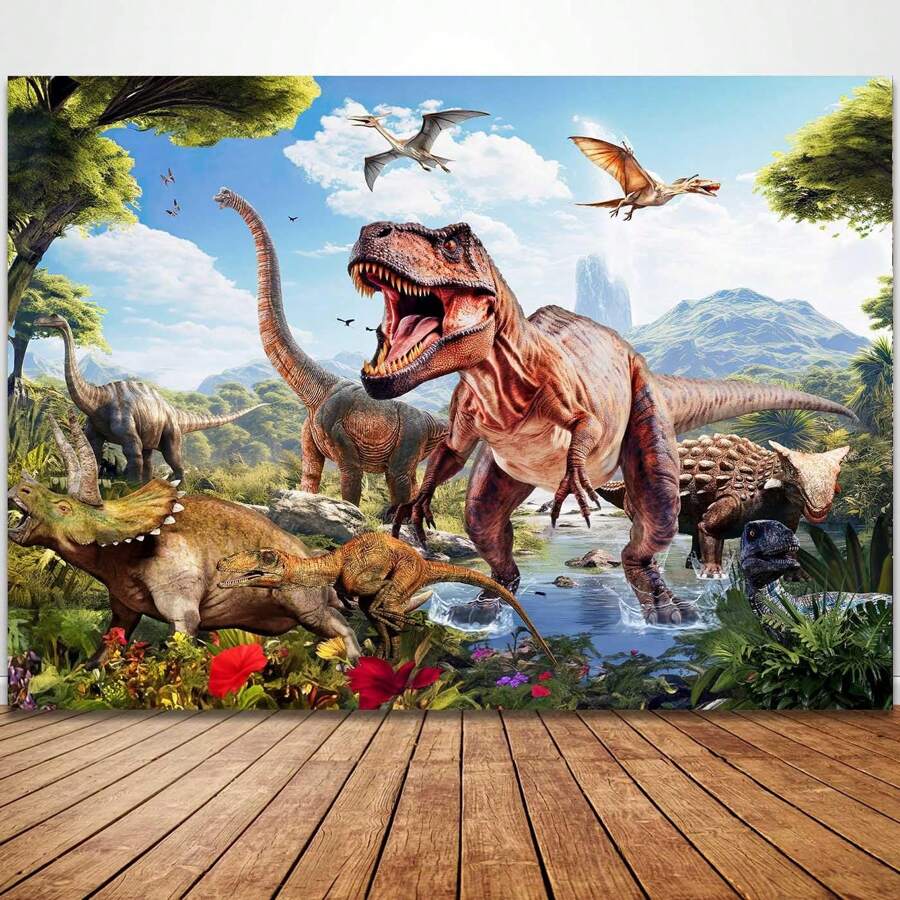 1 pieza Fondo de pantalla feliz cumpleaños con dinosaurio de 59x35 pulgadas para fiesta de cumpleaños temática de dinosaurios con jungla tropical, hojas de acuarela lindas, volcanes; decoraciones de fondo de fotografía para fotomatón y estudio, de tela. - Estilo F - Ver 1