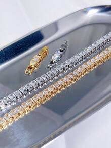 SEQUITO 1pc Temperament Women Wrist Jewelry Silver Plated Golden Full Pave Setting Square Cut AAAAA Cubic Zirconia Prom Party Charming Charm Bracelet - 20.2 cm - View 8