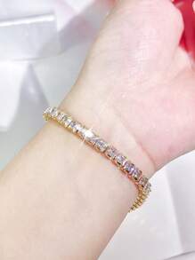 SEQUITO 1pc Temperament Women Wrist Jewelry Silver Plated Golden Full Pave Setting Square Cut AAAAA Cubic Zirconia Prom Party Charming Charm Bracelet - 20.2 cm - View 6