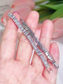 SEQUITO 1pc Temperament Women Wrist Jewelry Silver Plated Golden Full Pave Setting Square Cut AAAAA Cubic Zirconia Prom Party Charming Charm Bracelet - 20.2 cm - View 9