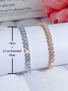 SEQUITO 1pc Temperament Women Wrist Jewelry Silver Plated Golden Full Pave Setting Square Cut AAAAA Cubic Zirconia Prom Party Charming Charm Bracelet - 20.2 cm - View 3