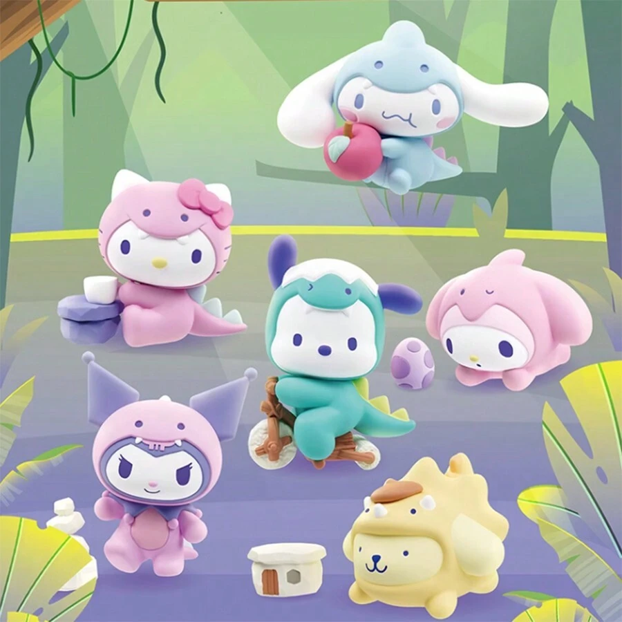 Miniso Figuras ciegas de la familia Sanrio con dinosaurios vestidos, hechas de PVC, con accesorios divertidos, perfectas para fans y decoración de habitaciones (1 pieza, entrega aleatoria)