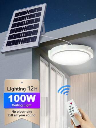 Solar Ceiling Light With Remote Control Indoor Outdoor Upgrade 100W Solar Wall Shed Lights, Solar Porch Ceiling Light Pendant Daytime Work Lights Shed Lamp For Garage Gazebo Barn, Patio, Carpot, (10W/25W/60W/100W)