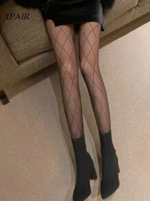 1pc Women Rhombus Rhinestone Skinny Tights, Simple & Fashionable For Everyday Use