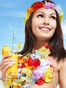 4pcs/Set Hawaiian Flower Lei Hula Necklace Garland Headband Wristbands Wedding Decorations Beach Tropical Party Supplies - One Size - View 2