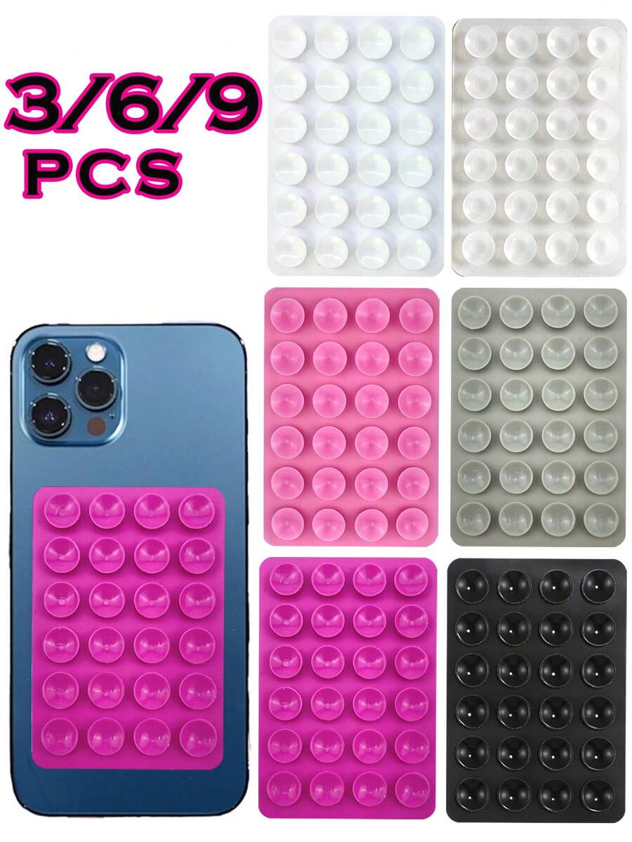 3/6/9 chiếc cốc hút silicon có miếng đệm chống trượt hình vuông, đi kèm 24 miếng dán, dành cho nhiều loại điện thoại di động, đế hút cho điện thoại di động, tương thích với mọi thiết bị, gương và vòi hoa sen Giá đỡ điện thoại di động khi cắm trại, cắm trại - Màu Hồng Tươi - Xem 1