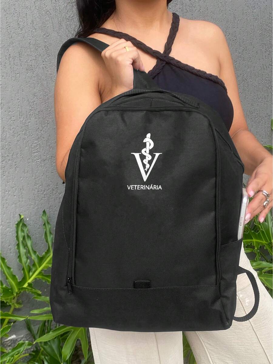Mochila Bicolor Nylon VETERINÁRIA Estampada Personalizada Resistente Grande Escolar Faculdade Bolsa Trabalho Viagem Mala Masculina - Preto - Visão 1