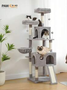 PAWZ Road Large Cat Tree With 2 Plush Condos, 162CM Multi-Level Cat Tower Scratching Post With Spacious Platforms & Hammock And Replaceable Hanging Balls In Gray - 灰色 - 查看 1