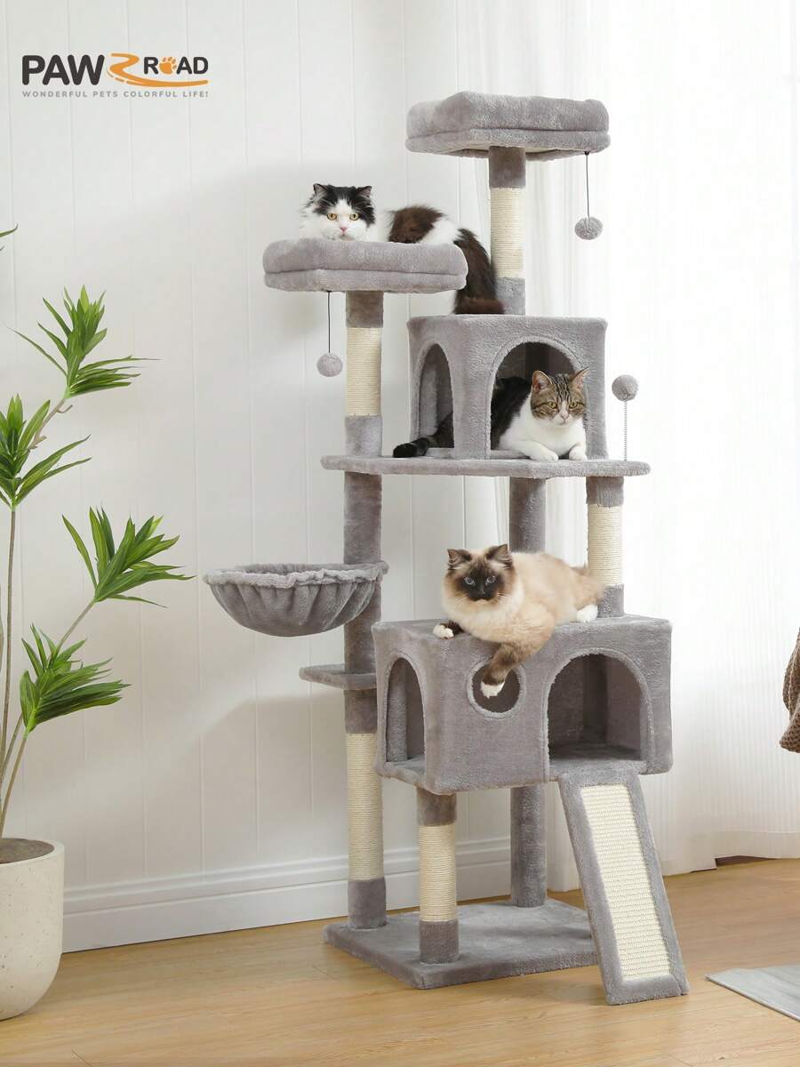 PAWZ Road Large Cat Tree With 2 Plush Condos, 162CM Multi-Level Cat Tower Scratching Post With Spacious Platforms & Hammock And Replaceable Hanging Balls In Gray - 灰色 - 查看 1
