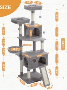 PAWZ Road Large Cat Tree With 2 Plush Condos, 162CM Multi-Level Cat Tower Scratching Post With Spacious Platforms & Hammock And Replaceable Hanging Balls In Gray - 灰色 - 查看 6