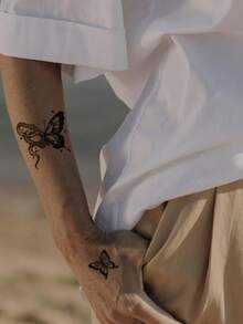 1 件临时纹身贴纸，带有个性化蝴蝶、新月和盘绕毒蛇图案，男女通用防水防汗一次性 - 黑色 - 查看 7