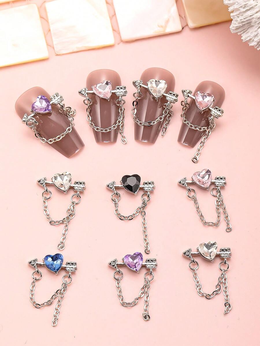 10 件合金心形链和流苏 3D 美甲装饰 DIY 指甲饰物 指甲宝石 美甲用品 指甲 - 銀色 - 查看 1