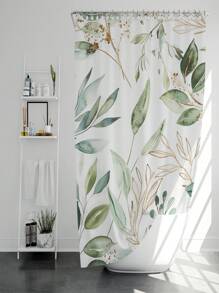 1pc Modern Fresh Style Gradient Color Green & Gold Plant Printed Waterproof Polyester Bathroom Shower Curtain, Mildew Resistant Without Punching Home Bathroom Decor Fall Decor Bathroom Accessories Back To School - Multicolor - View 4