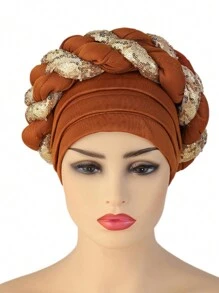 1 chiếc mũ thời trang kiểu châu Phi dành cho nữ, có lớp vải xếp tầng, đính kim sa và trang trí tết bím, dùng để đội tóc giả hoặc làm khăn trùm đầu khi ngủ. - bím tóc sequin - Xem 22