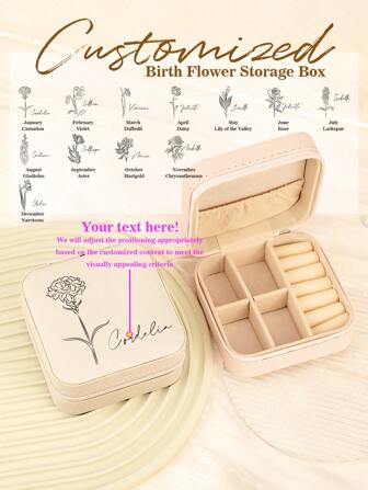 1 PIEZA Impresión personalizada: ¡Nombre personalizado! Caja de joyería cuadrada con flores de nacimiento - Organizador de joyas de PU portátil para collares, aretes, anillos - Estuche de almacenamiento de viaje multicompartimento - Regalo ideal para hermanas, tías, madres, abuelas, novias, mentoras, etc. - Perfecto para fiestas, bodas, cumpleaños, Día de la Madre, graduaciones, multifuncional, ornamental, letras, unicolor, exquisito, elegante, vintage, moderno, colorido, ocio, básico, casual, suave, único, personalizado, personalizado, ideal para ella, novia, amigos