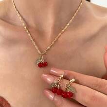 1 pieza Collar de diseño minimalista de oro amarillo y cereza roja de lujo para mujeres, aretes y pendientes de moda, adecuados para uso diario - Amarillo Oro - Ver 7