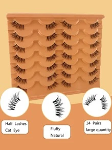 14pairs Natural Soft Dense  Reusable Transparent Eyelash Makeup, Daily Party Use, Cat Eye Style Half False Eyelashes Strip Lashes,Lashes,Eyelashes,Fake Lashes - Black - View 6