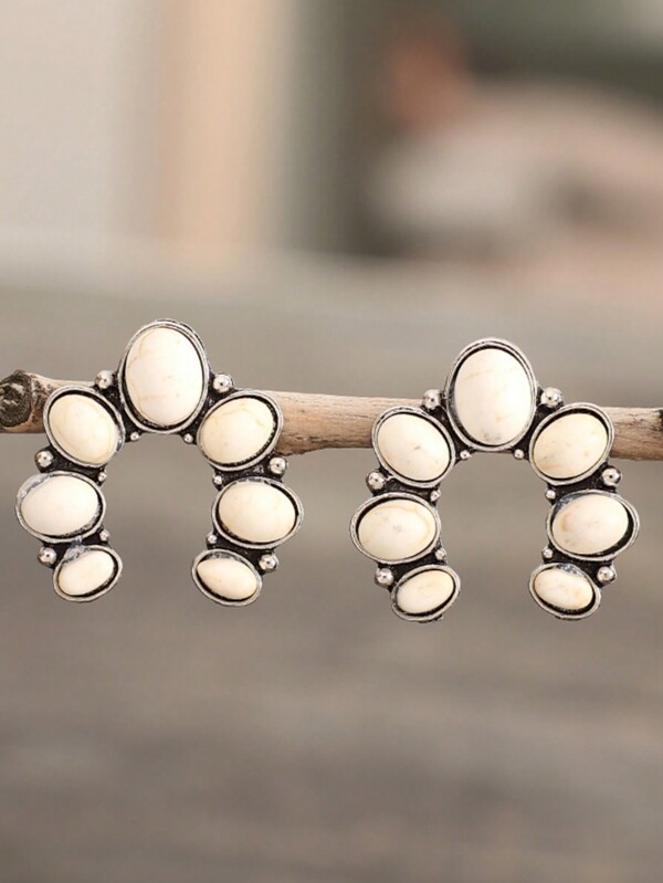 Vintage Creative New Western Style U-Shaped Inlaid Turquoise Stud Earrings (1pair)