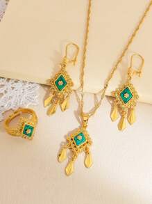 4 件/套简约绿松石首饰套装圆形水钻设计吊坠配叶状流苏金项链耳环戒指套装适合女性日常节日佩戴 - 圓形 - 查看 2