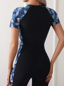 Leisure And Fashionable Tropical Print Splicing One-Piece Swimsuit Summer