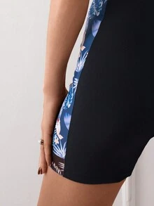 Leisure And Fashionable Tropical Print Splicing One-Piece Swimsuit Summer