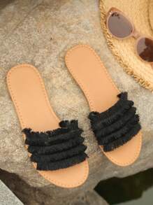 PrStep Women's Resort-Style Flat Black Panelled Fringed Sandals - Black - View 3