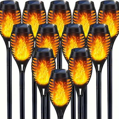 12 Stück/8 Stück/6 Stück/4 Stück/2 Stück wasserdichte Solar-Außenflammenfackel Leuchten, 12 LED Fackeln mit flackernder Flamme, Halloween Dekoration Leuchten für Außen, für Weihnachten, Halloween, Garten, Hof, Terrasse, automatisch an/aus