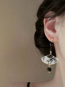 Fashionable Retro Chinese Style Long Silver Needle Ink Painting Fan Shaped Resin Earrings For Women - Black and White - View 3