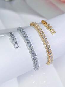 SEQUITO 1pc Temperament Women Wrist Jewelry Silver Plated Golden Full Pave Setting Square Cut AAAAA Cubic Zirconia Prom Party Charming Charm Bracelet - 20.2 cm - View 7