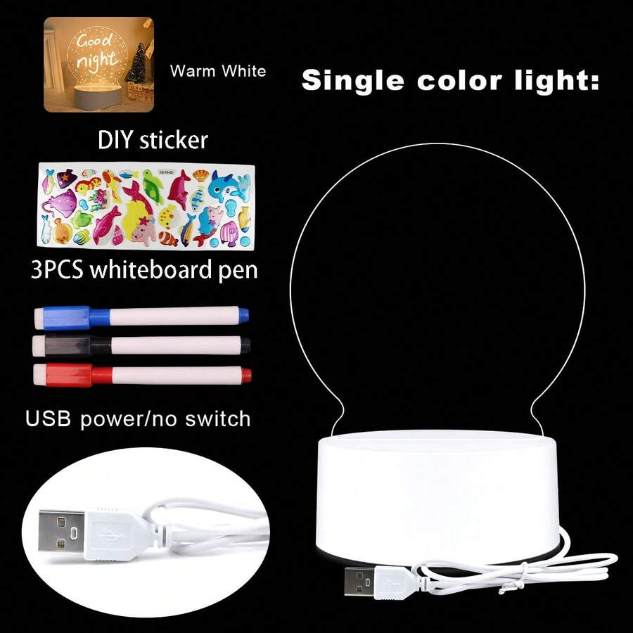 1 pieza Tablero de mensajes con luz LED de tabla escritura de luz nocturna de caricatura de pez acrílico (Placa de luz redonda USB cálida amarilla + pegatina DIY + 3 bolígrafos) - Blanco - Ver 1