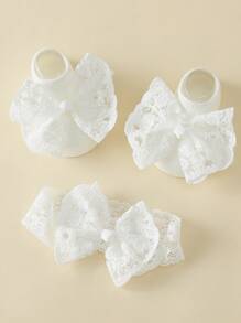 1set Summer Baby Girls Sweet White Lace Bow Headband + Bow Decor Ankle Socks