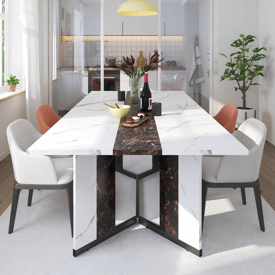 71" Large Luxurious Rectangular White Dining Table For 6 8 10 People W/Marble-Color Wood Tabletop,Metal Adjustable Leg.Modern 6ft Family Dinner Table For Rustic Office Kitchen Living Room