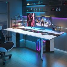 71" Large Luxurious Rectangular White Dining Table For 6 8 10 People W/Marble-Color Wood Tabletop,Metal Adjustable Leg.Modern 6ft Family Dinner Table For Rustic Office Kitchen Living Room