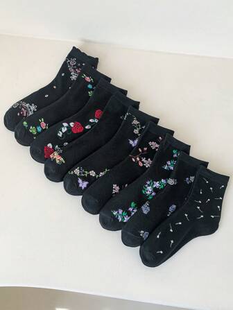 9 Pairs Women Floral Fashionable Casual Mid-Calf Socks, Suitable For Daily Wear, Fall
