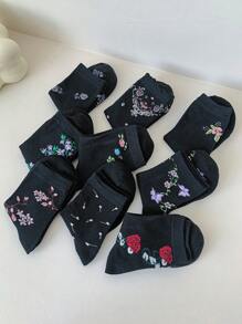 9 Pairs Women Floral Fashionable Casual Mid-Calf Socks, Suitable For Daily Wear, Fall - Multicolor - View 4