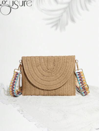 Gusure Women Woven Straw Envelope Bag, Bohemian Beach Bag, Vacation Shoulder Crossbody Bag With Wide Strap