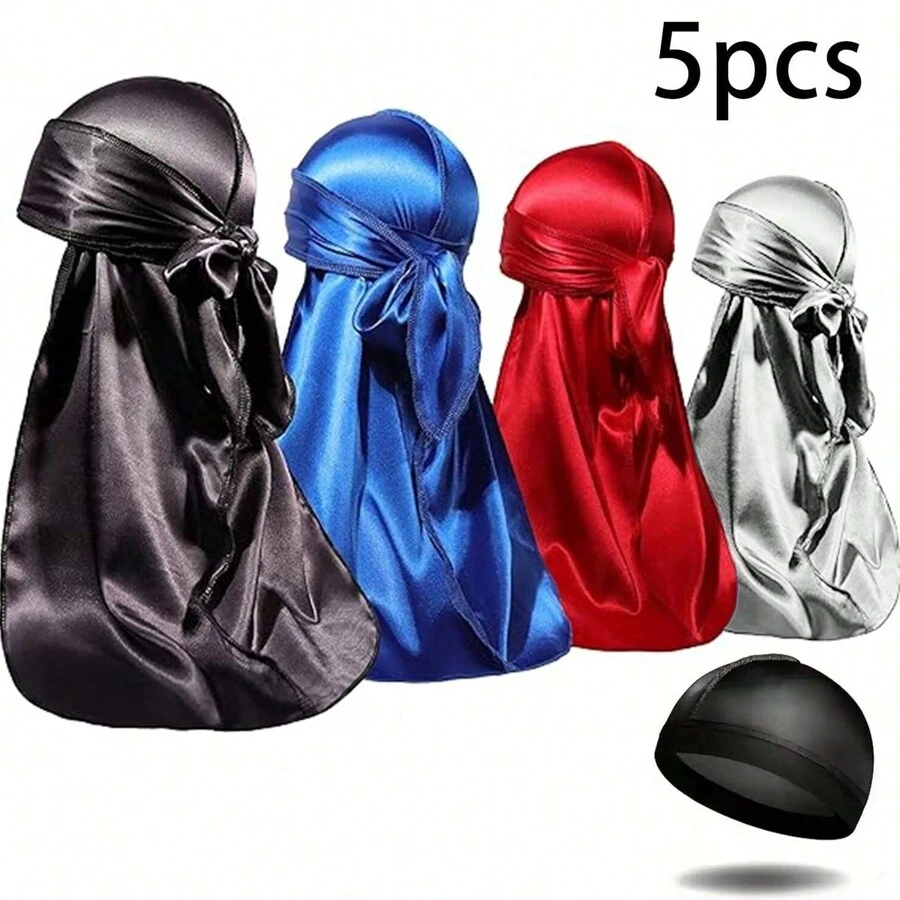 Awegeo 5pcs Deluxe Satin Durag & Wave Hat Set - Luxurious Finish For Outdoor Waves - Fashion Street Style With Extra Long Tail & Comfort Headband - A - View 1